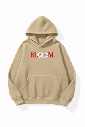 Unisex Yumuşak Dokulu Bloom Baskılı Tasarım Oversize 3 İplik Hoodie Sweatshirt