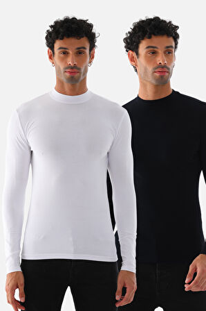 Erkek Dik Yaka Slim Fit Pamuk Likra Tişört 2'li Paket Siyah-Beyaz-Siyah-Beyaz