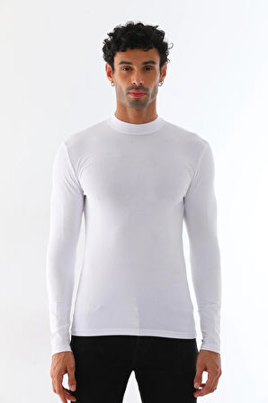 Erkek Dik Yaka Slim Fit Pamuk Likra Tişört 2'li Paket Siyah-Beyaz-Siyah-Beyaz
