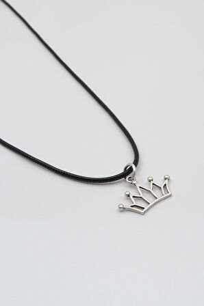 Taç Siyah Deri İp Kolye - Antik Gümüş Kaplama - Kadın Erkek - 60 cm