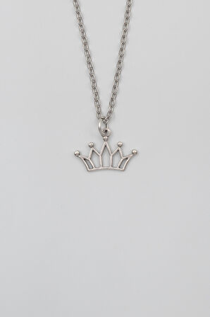 Taç Düz Ezme Zincir Kolye - Antik Gümüş Kaplama - Kadın Erkek - 60 cm