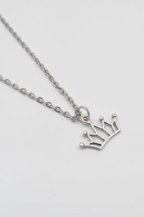 Taç Düz Ezme Zincir Kolye - Antik Gümüş Kaplama - Kadın Erkek - 60 cm