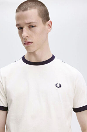 Fred Parry Erkek Beyaz Logo Detaylı T-shirt