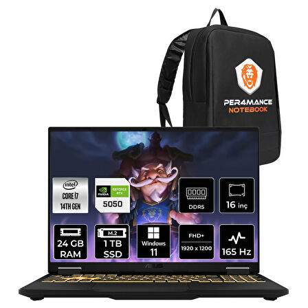 Asus TUF F16 i5 13450HX 24GB 512GB SSD RTX5050/8GB 115W 165Hz 16'' WUXGA W11P Gaming Laptop FX608JH