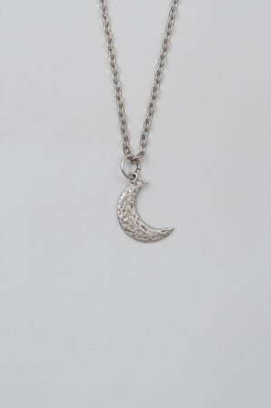 Ay Düz Ezme Zincir Kolye - Antik Gümüş Kaplama - Kadın Erkek - 60 cm