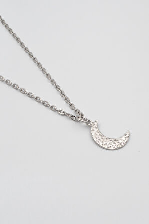 Ay Düz Ezme Zincir Kolye - Antik Gümüş Kaplama - Kadın Erkek - 60 cm
