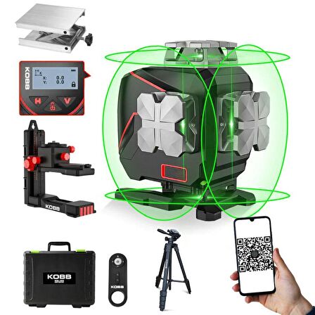 KOBB KBL36GTP Profesyonel Li-ion Şarjlı 4X360⁰ LCD Ekran Otomatik Hizalamalı Yeşil Çapraz Çizgi Lazer Distomat + Uzaktan Kumanda + Tripod + Taşıma Çantası