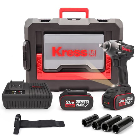 Kress KUB30.2SET 20Volt/4.0Ah. Li-ion Çift Akülü 300Nm Kömürsüz Profesyonel Şarjlı Somun Sıkma + 4 Parça Derin Lokma Seti