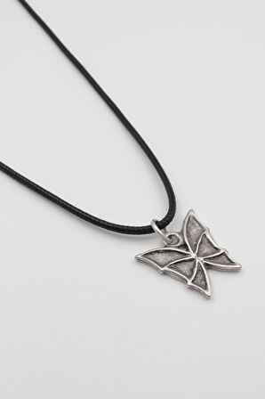 Kelebek Siyah Deri İp Kolye - Antik Gümüş Kaplama - Kadın Erkek - 60 cm