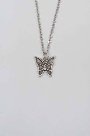 Kelebek Düz Ezme Zincir Kolye - Antik Gümüş Kaplama - Kadın Erkek - 60 cm