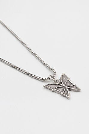 Kelebek Örme Zincir Kolye - Antik Gümüş Kaplama - Kadın Erkek - 60 cm