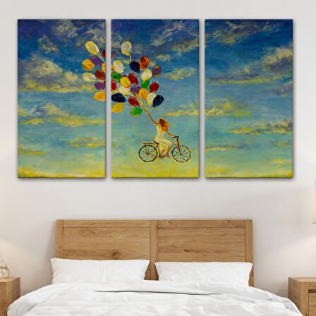 Renkli Balonlar İle Uçan Bisikletli Kız Kanvas Tablo-5036