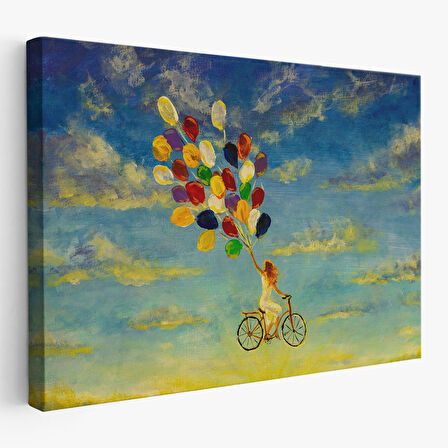 Renkli Balonlar İle Uçan Bisikletli Kız Kanvas Tablo-5036