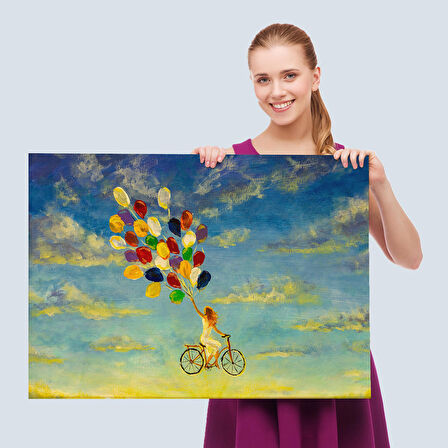 Renkli Balonlar İle Uçan Bisikletli Kız Kanvas Tablo-5036