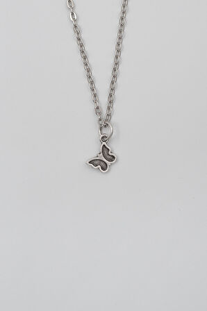 Minimalist Kelebek Düz Ezme Zincir Kolye - Antik Gümüş Kaplama - Kadın Erkek - 60 cm