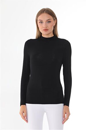 Kadın Modal Dik Yaka Slim Fit Tişört-Siyah