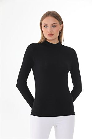 Kadın Modal Dik Yaka Slim Fit Tişört-Siyah