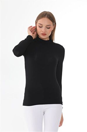 Kadın Modal Dik Yaka Slim Fit Tişört-Siyah