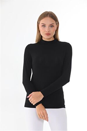 Kadın Modal Dik Yaka Slim Fit Tişört-Siyah