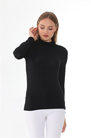 Kadın Modal Dik Yaka Slim Fit Tişört-Siyah
