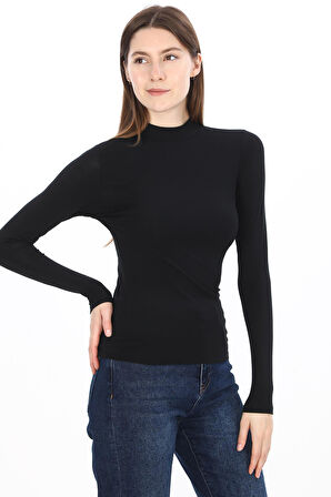 Kadın Modal Dik Yaka Slim Fit Tişört 2'li Paket-Siyah-Beyaz