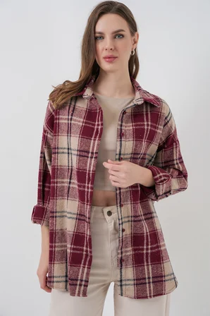 Kadın Ekose Desen Oversize Oduncu Gömlek 3854 Bordo