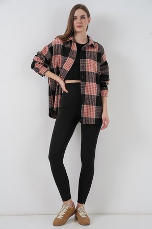Kadın Ekose Desen Oversize Oduncu Gömlek 3854 A.Pudra