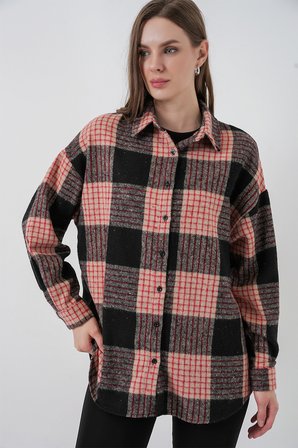 Kadın Ekose Desen Oversize Oduncu Gömlek 3854 A.Pudra