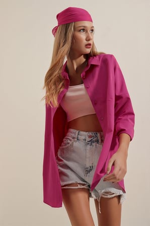 3900 Oversize Uzun Basic Gömlek - Koyu Pembe