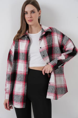 Kadın Ekose Desen Oversize Oduncu Gömlek 3854 Kiremit