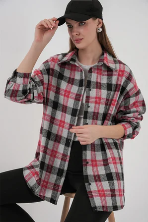 Kadın Ekose Desen Oversize Oduncu Gömlek 3854 Nar