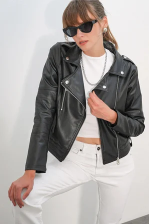1025 Suni Deri Biker Ceket - Siyah
