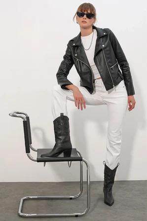 1025 Suni Deri Biker Ceket - Siyah