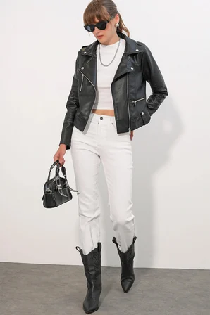 1025 Suni Deri Biker Ceket - Siyah