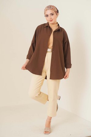 103901 Oversize Basic Tesettür Gömlek - Kahverengi