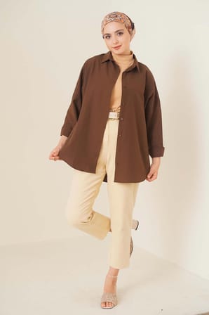 103901 Oversize Basic Tesettür Gömlek - Kahverengi