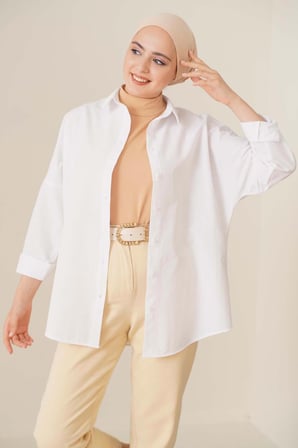 103901 Oversize Basic Tesettür Gömlek - Beyaz