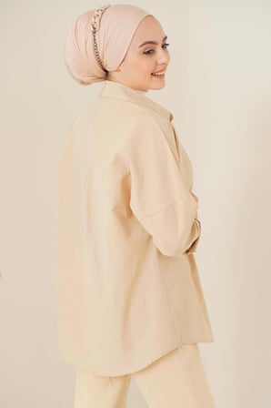 103901 Oversize Basic Tesettür Gömlek - Krem