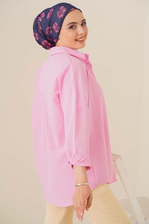 103901 Oversize Basic Tesettür Gömlek - Pembe