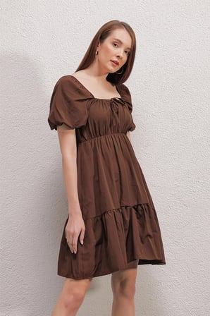 2351 Kloş Poplin Elbise - Kahverengi