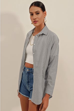3900 Oversize Uzun Basic Gömlek - C. Siyah