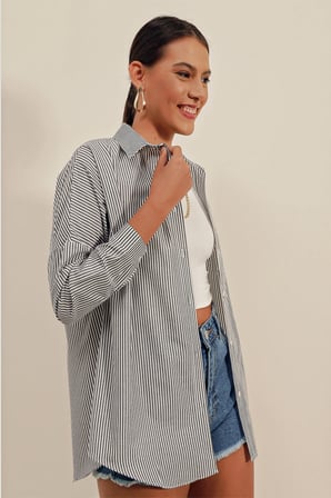3900 Oversize Uzun Basic Gömlek - C. Siyah