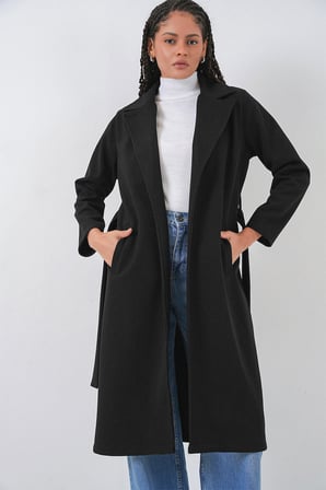9118 Kruvaze Yaka Kaşe Kaban - Siyah