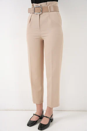6556 Kemerli Kumaş Pantolon - Krem