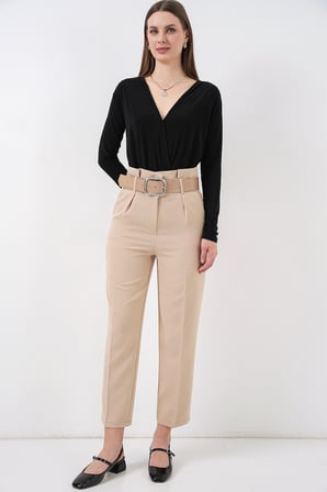 6556 Kemerli Kumaş Pantolon - Krem