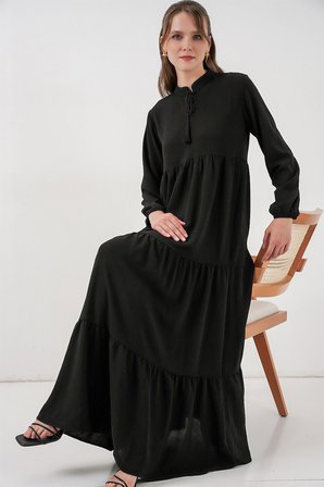 T1627 Yaka Bağcıklı Elbise - Siyah