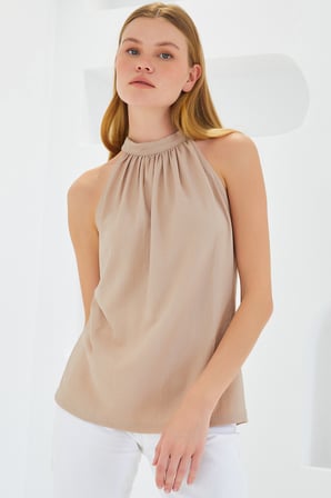 0489 Halter Yaka Örme Bluz - Bisküvi