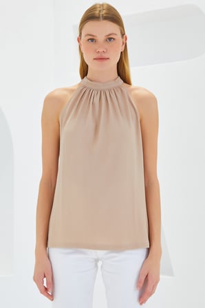 0489 Halter Yaka Örme Bluz - Bisküvi