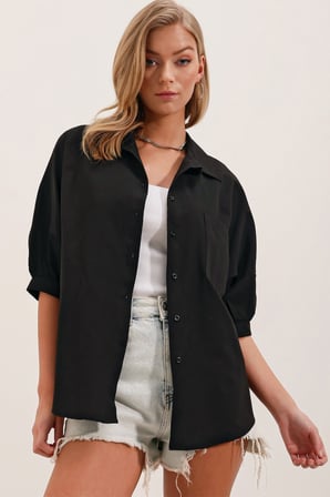 20213 Oversize Kısa Kol Basic Gömlek - Siyah