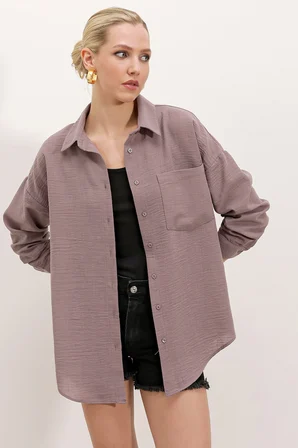 20153 Tek Cepli Oversize Keten Gömlek - Koyu Lila